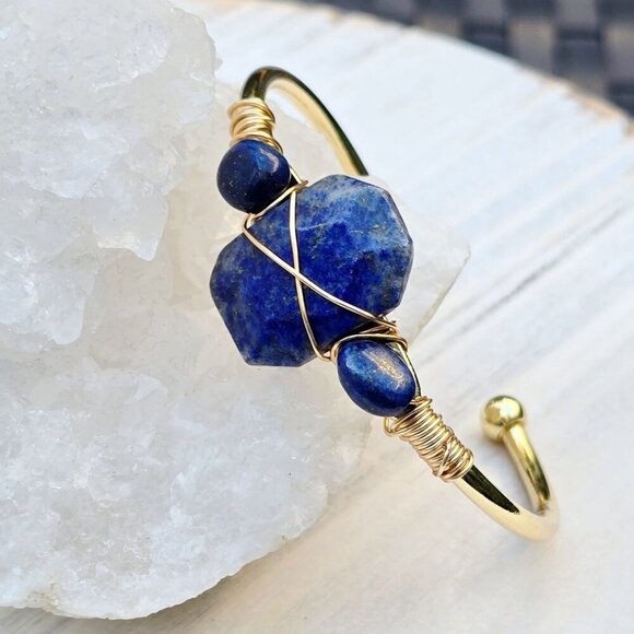 Lapis Lazuli ✦ Wire Wrap Cuff ✦ Triple-Stone Gold Over Copper w/ Wisdom Talisman - Picture 1 of 10